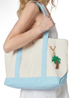 BaubleBar Canvas Tote Bag with Light Blue Trim and Palm Charm